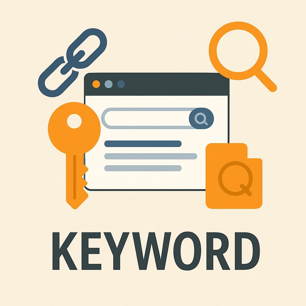 Grafik zum Thema Keyword: Ein Browserfenster mit Suchleiste, daneben ein großer orangefarbener Schlüssel als Symbol für Schlüsselbegriffe. Ergänzt durch eine Lupe und ein Kettensymbol. Unter der Illustration steht der Schriftzug ‚Keyword'