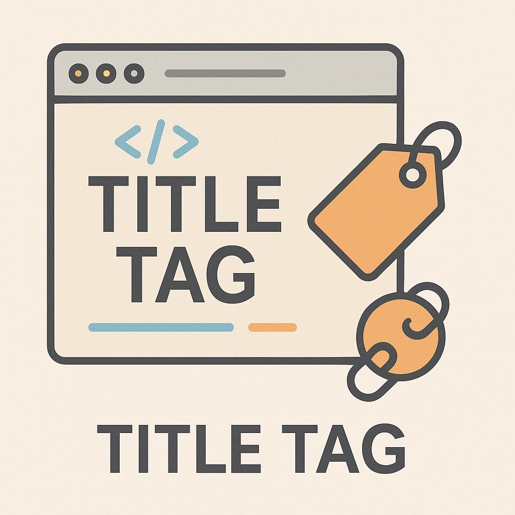 Grafik zum Thema Title Tag: Ein Browserfenster mit dem Text ‚TITLE TAG‘ in der Mitte, darüber HTML-Klammern und daneben ein orangefarbenes Etikettensymbol. Ergänzt durch Linien und Kettenglied-Icons. Unter der Illustration steht der Schriftzug ‚Title Tag‘.