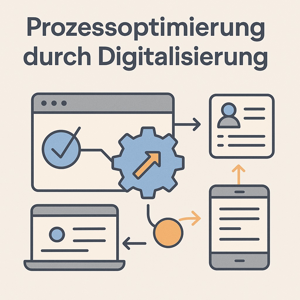 Grafik zum Thema Prozessoptimierung durch Digitalisierung: Mehrere digitale Endgeräte wie Laptop, Smartphone und Browserfenster sind über Pfeile miteinander verbunden. Ein großes Zahnrad mit Aufwärtspfeil symbolisiert Automatisierung und Effizienzsteigerung. Die Darstellung zeigt optimierte Abläufe mittels digitaler Prozesse.