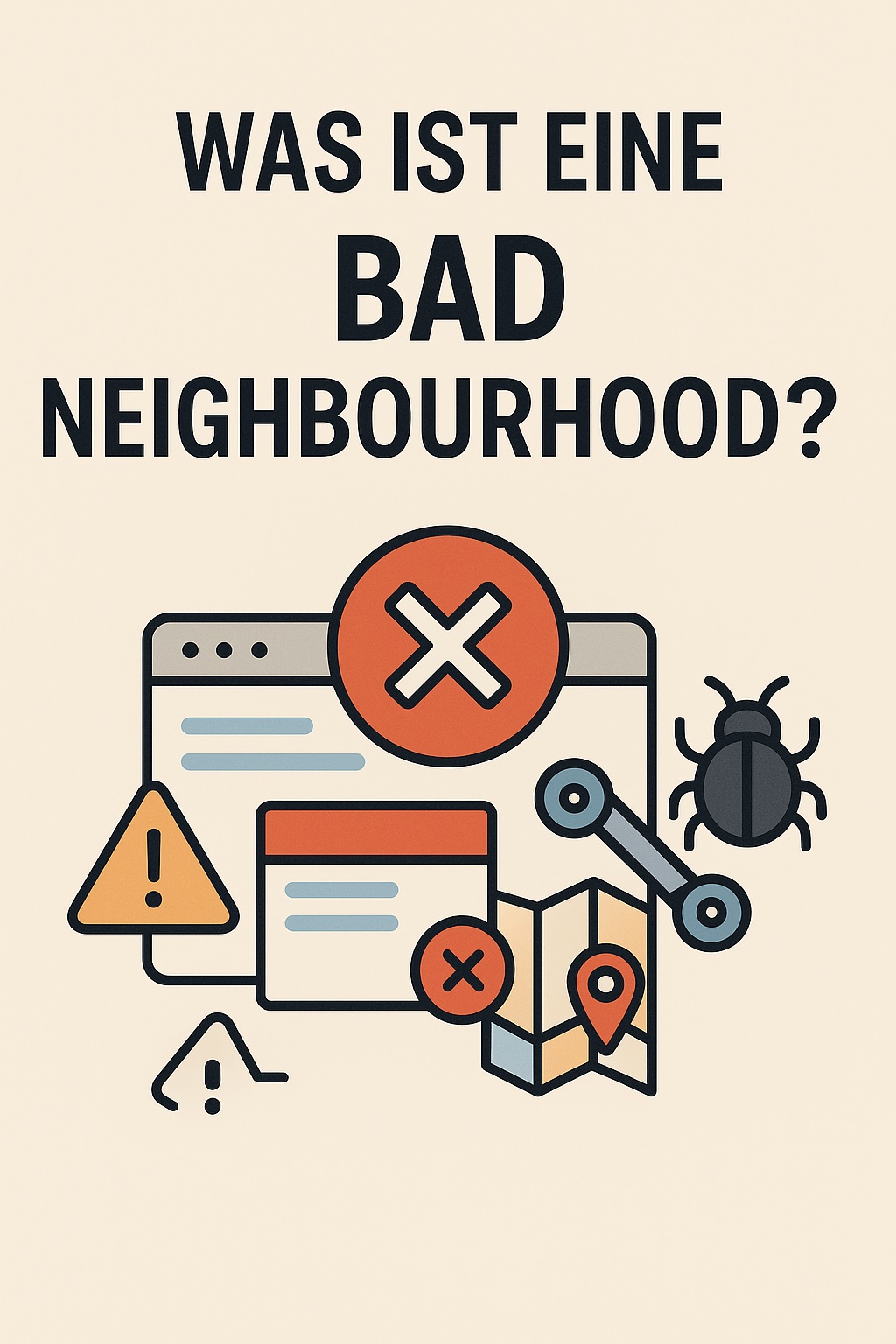Grafik zum Thema Bad Neighbourhood: Oben der Titel ‚Was ist eine Bad Neighbourhood?‘. Darunter ein Browserfenster mit großem roten X-Symbol, daneben Warnschilder, ein Käfer-Icon für Malware sowie eine Standortkarte mit Markierung. Die Symbole verdeutlichen gefährliche oder unseriöse digitale Umgebungen.