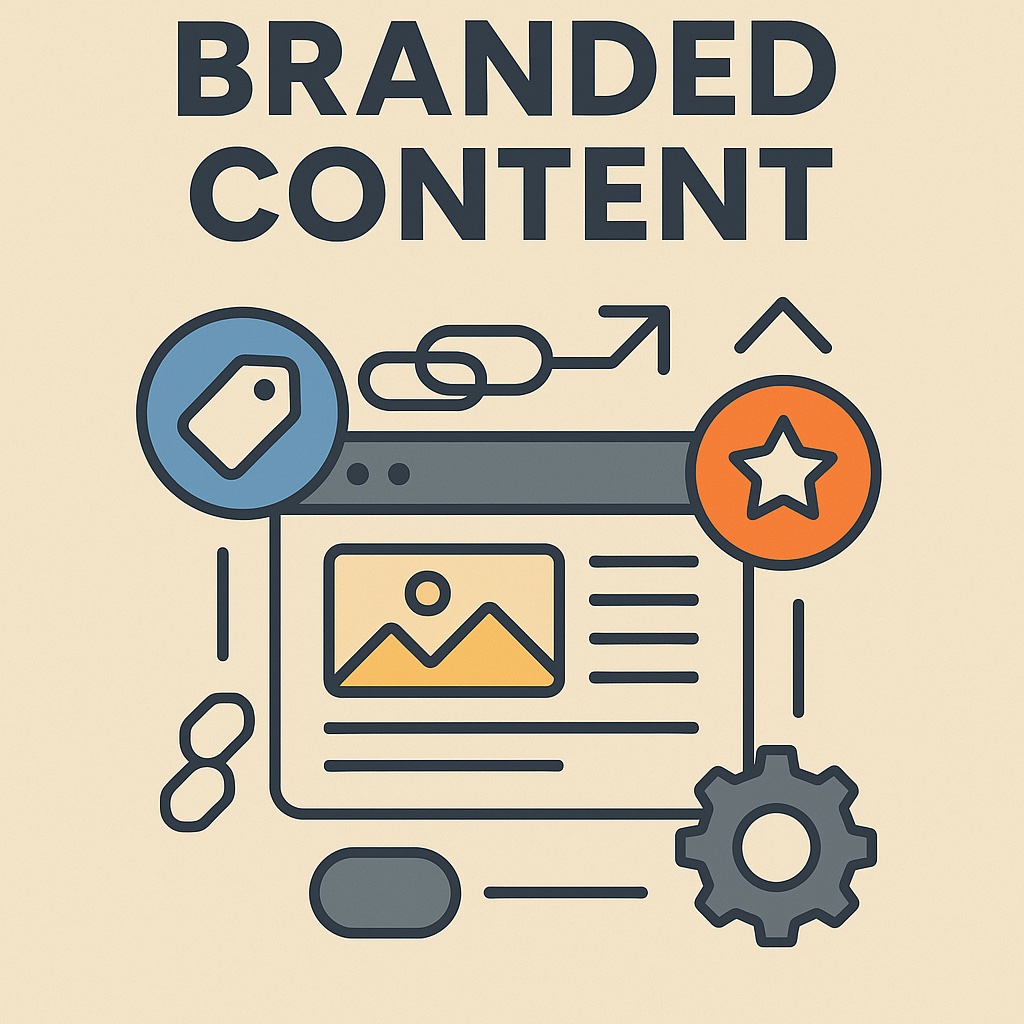 Grafik zum Thema Branded Content: Ein Browserfenster mit Bild- und Textsymbolen, flankiert von einem blauen Etikettensymbol und einem orangefarbenen Stern für Markenkennung und Wiedererkennung. Ergänzt durch Kettenglieder, Pfeile und ein Zahnrad als Hinweise auf Vernetzung und Content-Produktion. Oberhalb steht der Schriftzug ‚Branded Content‘.