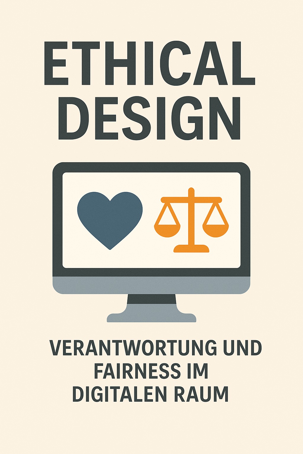 rafik zum Thema Ethical Design: Ein großer Schriftzug ‚ETHICAL DESIGN‘ über einem Monitor, auf dem ein blaues Herz und eine orangefarbene Waage als Symbole für Fairness und Verantwortung dargestellt sind. Darunter steht der Text ‚Verantwortung und Fairness im digitalen Raum‘.