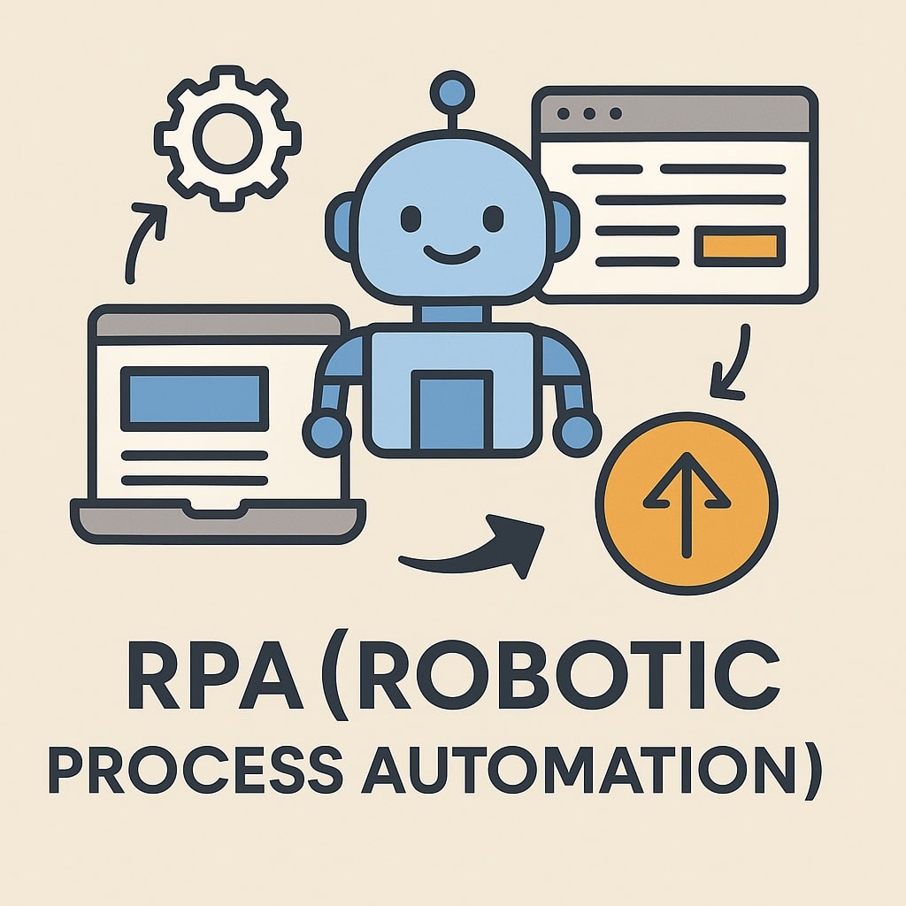 Grafik zum Thema RPA (Robotic Process Automation): Ein freundlicher Roboter steht im Zentrum und ist mit einem Laptop, einem Browserfenster und einem Zahnrad verbunden. Pfeile und ein Aufwärtspfeil symbolisieren automatisierte Abläufe und Effizienzsteigerung durch digitale Prozesse.