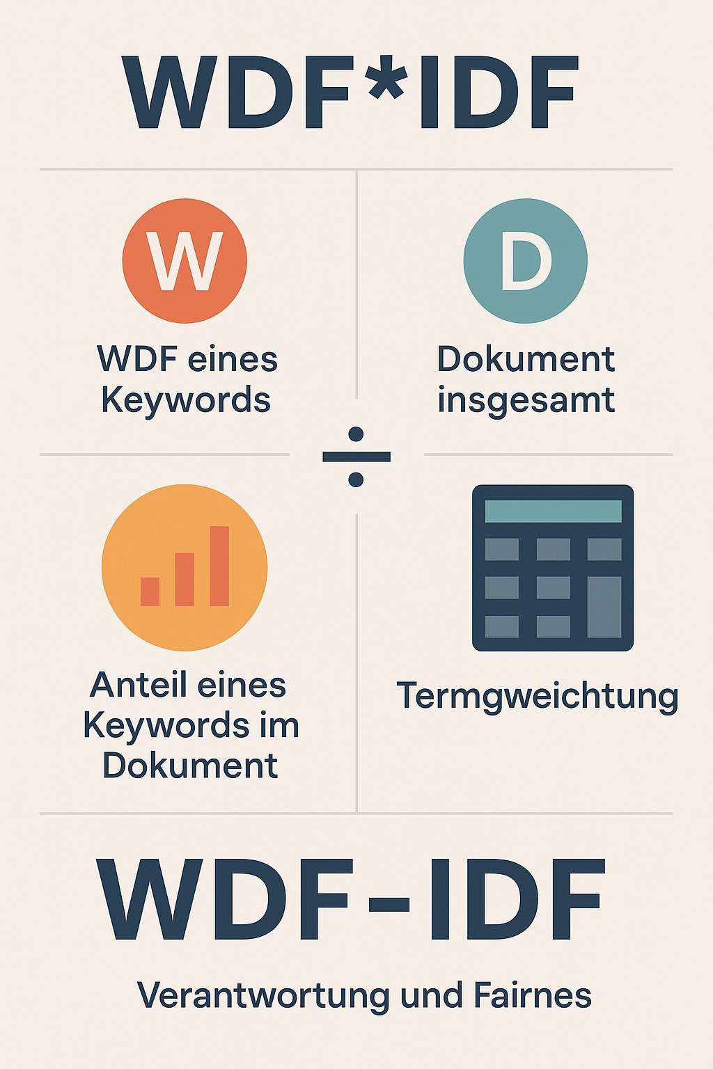 Infografik zu WDFIDF: Oben steht der Titel ‚WDFIDF‘. Darunter vier Felder: links oben ein oranger Kreis mit ‚W‘ und der Text ‚WDF eines Keywords‘, rechts oben ein blauer Kreis mit ‚D‘ und ‚Dokument insgesamt‘. Links unten ein Balkendiagramm mit ‚Anteil eines Keywords im Dokument‘, rechts unten ein Taschenrechner-Symbol mit ‚Termgewichtung‘. In der Mitte trennt ein Divisionssymbol die Bereiche. Unten steht ‚WDF-IDF‘
