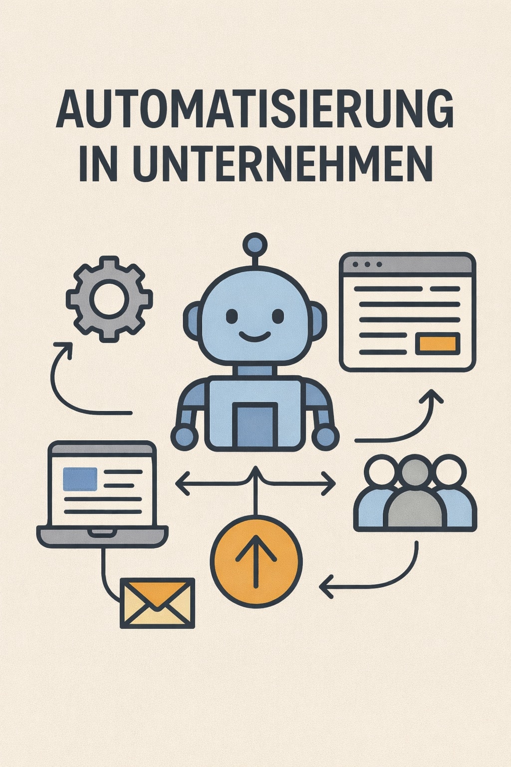 Grafik zum Thema Automatisierung in Unternehmen: Ein zentral platzierter Roboter ist von Symbolen wie Zahnrad, Browserfenster, Laptop, E-Mail und einer Personengruppe umgeben. Pfeile zeigen den automatisierten Informations- und Prozessfluss zwischen digitalen Systemen und Mitarbeitenden.