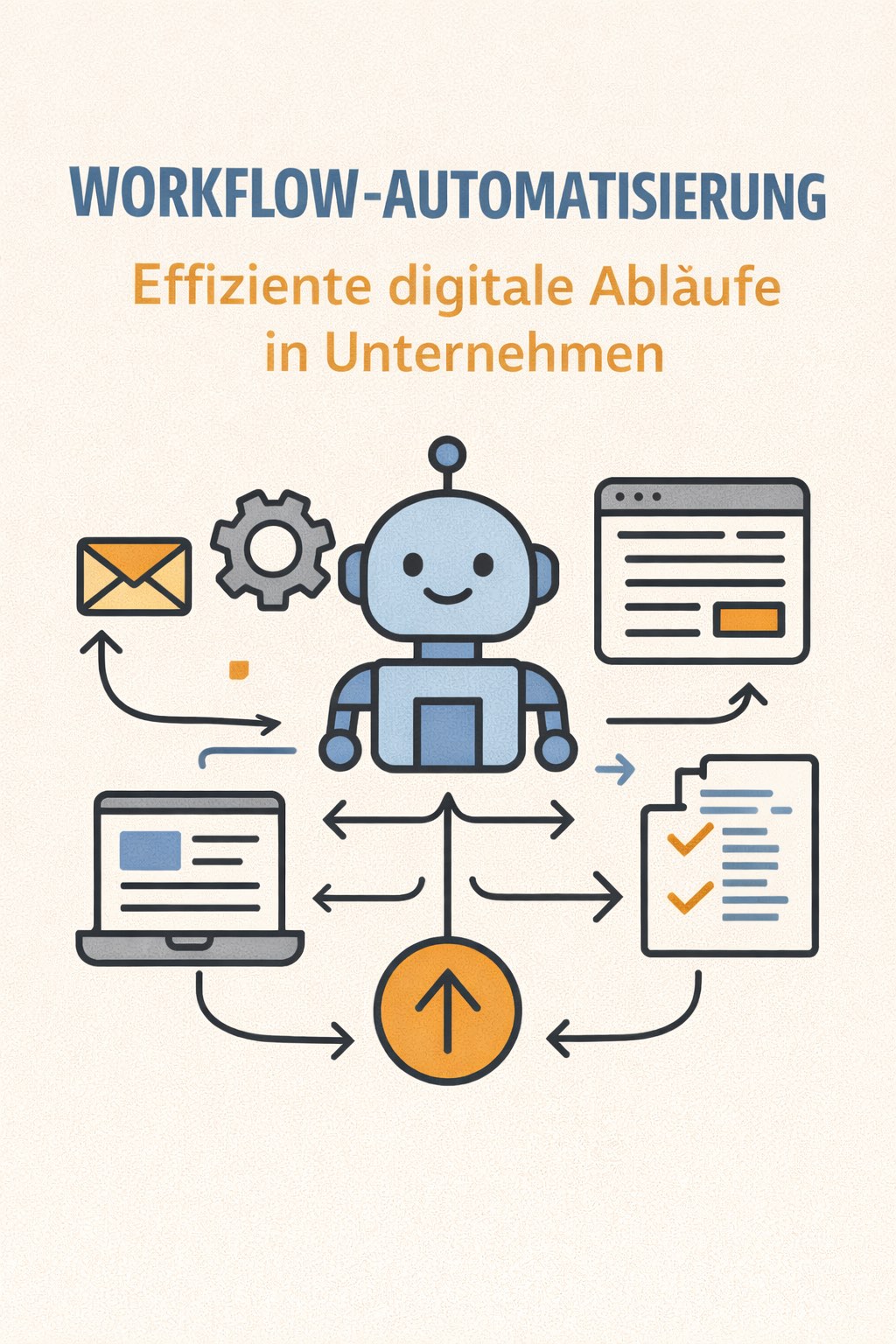 Grafik zum Thema Workflow-Automatisierung: Ein zentraler Roboter ist mit Symbolen wie E-Mail, Laptop, Browserfenster, Dokument und Zahnrad verbunden. Pfeile zeigen den automatisierten Ablauf zwischen den Systemen. Darüber steht der Titel ‚Workflow-Automatisierung – Effiziente digitale Abläufe in Unternehmen‘.