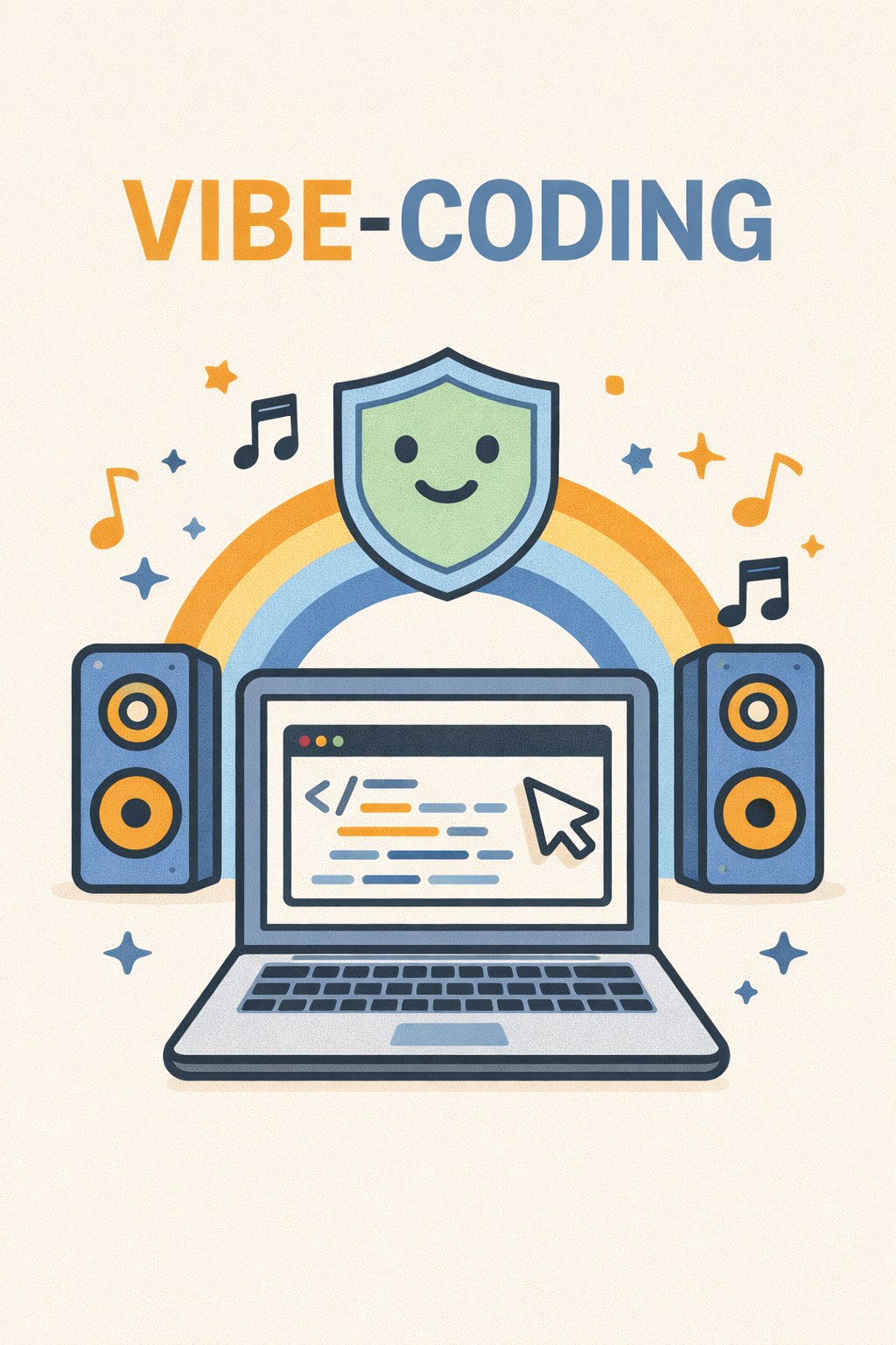 Grafik zum Thema Vibe-Coding: Ein Laptop mit Codeanzeige steht im Zentrum, flankiert von Lautsprechern und Musiknoten. Darüber ein Schild mit Smiley sowie ein Regenbogen, die für kreative, entspannte und positive Programmieratmosphäre stehen. Oben steht der Schriftzug ‚Vibe-Coding‘.