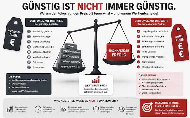 Aufzeigen von Billig und Teuer im Vergleich und wieso das oft vermeindlich günstige doch dann extrem teuer wird
