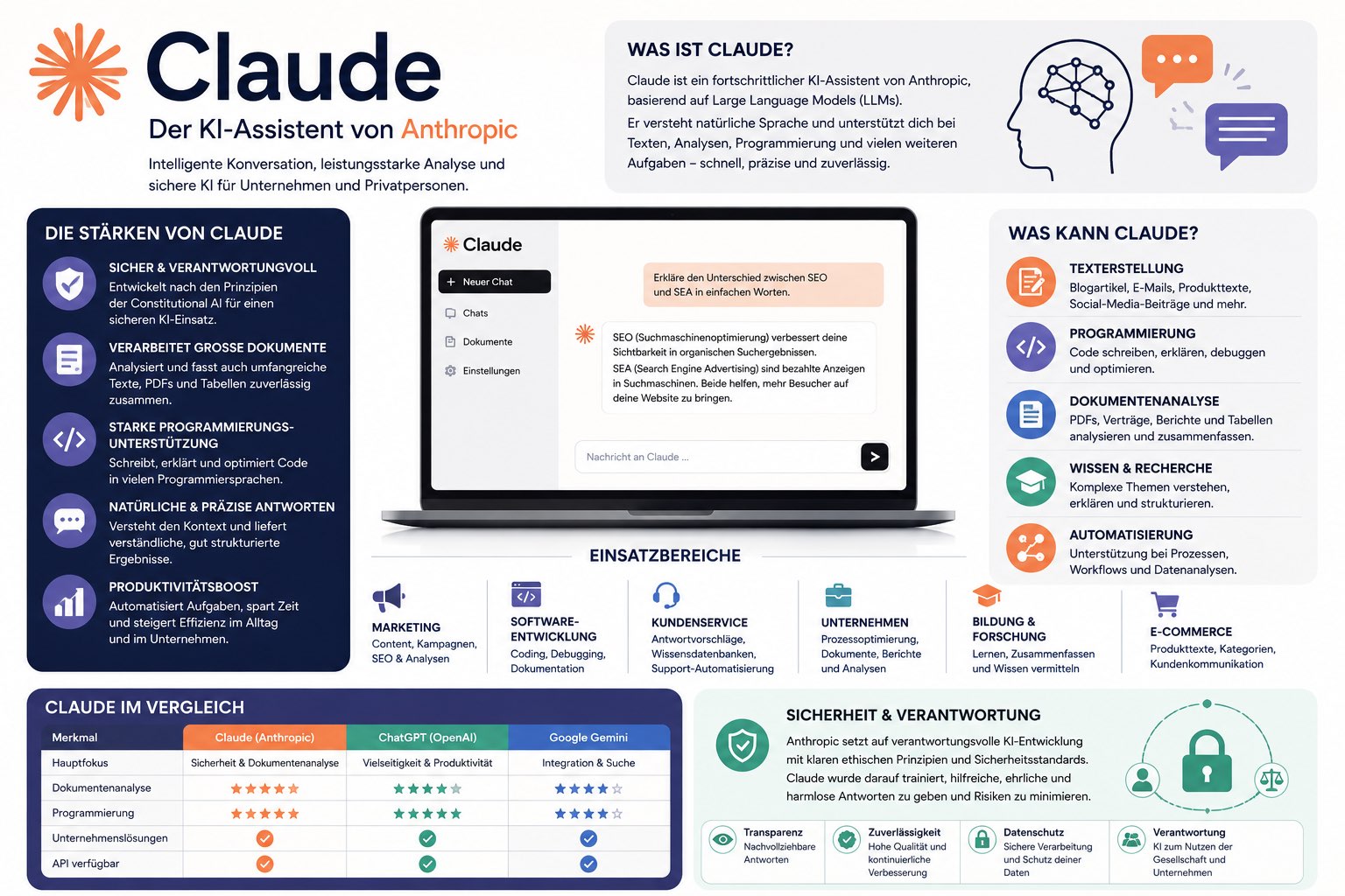 Infografik zum KI-Assistenten Claude von Anthropic. Die Grafik erklärt die wichtigsten Funktionen und Einsatzbereiche von Claude, darunter Texterstellung, Programmierung, Dokumentenanalyse, Wissensvermittlung und Prozessautomatisierung. Außerdem werden die Stärken von Claude, typische Unternehmensanwendungen sowie ein Vergleich mit anderen KI-Assistenten wie ChatGPT und Google Gemini übersichtlich dargestellt.