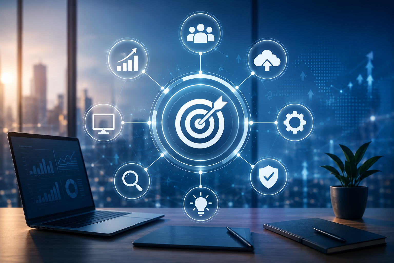 Modernes Beitragsbild zum Thema digitale Unternehmensstrategie mit einem Laptop auf einem Schreibtisch und vernetzten Symbolen für Unternehmensziele, Daten, Cloud, IT-Infrastruktur, Sicherheit, Prozesse, Innovation und Zusammenarbeit. Die Grafik visualisiert die strategische Digitalisierung von Unternehmen sowie die Vernetzung moderner Technologien zur Steigerung von Effizienz, Innovation und Wettbewerbsfähigkeit.