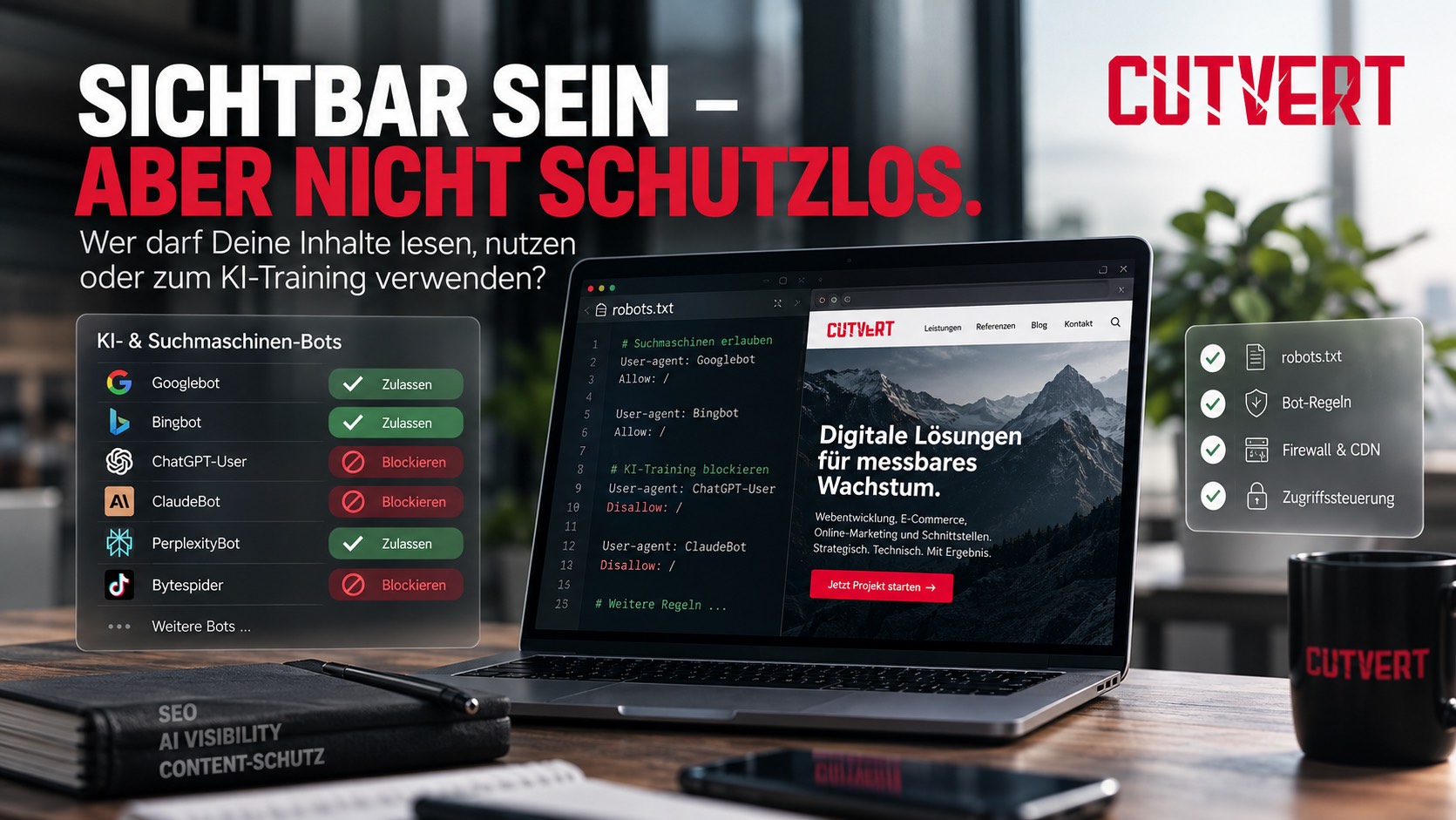 Sichtbar, aber nicht Schutzlos. In diesem Blog - Beitrag zeigen wir dir, wie du deine Seite von zu vielen Bots schützt. Nimm es in die Hand und regel selbst, wer was darf und was nicht.